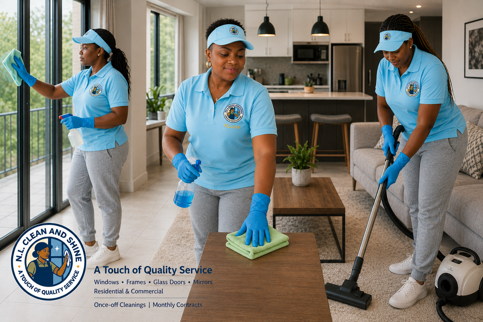NL Clean and Shine team cleaning windows in a bright modern home